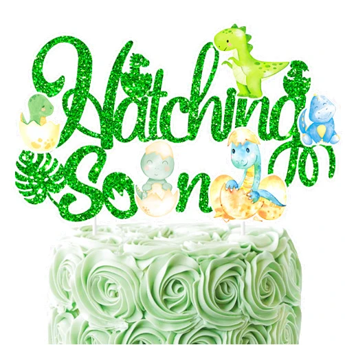 IPartyFun Dinosaur Hatching Soon Cake Topper Dinosaur Baby Shower Decorations Green Glitter Dinosaur Theme Cake Pick for Dino Theme Gender Reveal It's A Boy Party Supplies