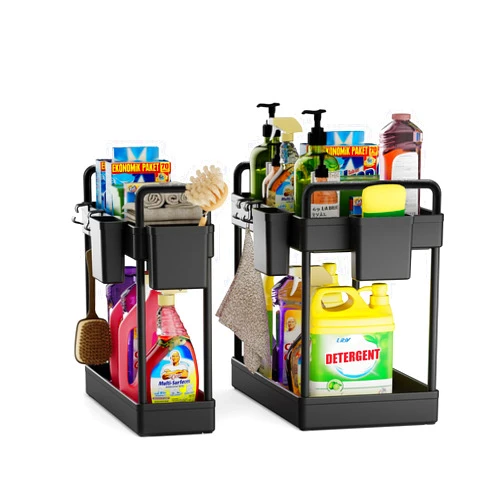 Y·JIANG 2 Pack Under Sink Organizer, 2 Tier Kitchen Under Sink Cabinet Organizers and Storage with Cups and Hooks, Black Bathroom Under Sink Shelf Organizer Basket, Multi-purpose Under Sink Storage