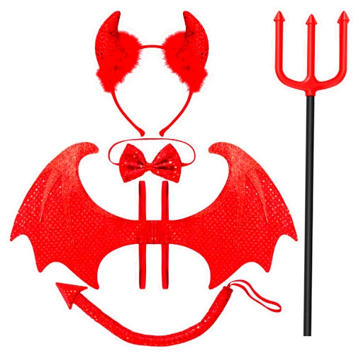 Spooktacular Creations 5 Pieces Halloween Devil Costume Set with Red Devil Wings, Devil Pitchfork, Bow Tie, Sequin Devil Horn Headband, and Devil Tail Demon Costume Accessories for Cosplay Party
