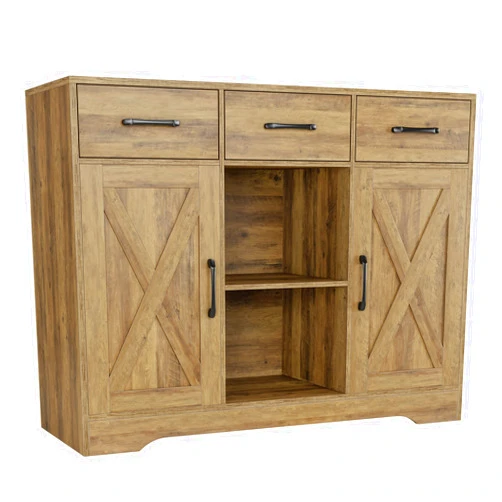 HOSTACK Wood Modern Farmhouse Buffet Storage Cabinet Barn Doors Sideboard with Storage, Drawers and Shelves for Coffee Bar, Kitchen, Dining Room, Living Room, Rustic Brown