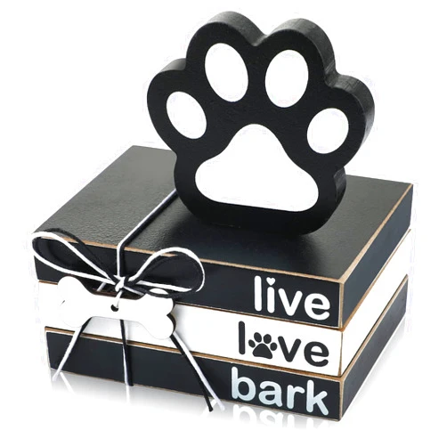 Pinkunn 4 Pieces Dog Wooden Decor Dog Tiered Tray Decor Mini Wood Book Stacks Dog Decorative Books Wooden Book Rustic Farmhouse Decor Decorative with Tag for Tiered Tray Decor (Dog Paw)