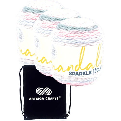 Lion Brand Knitting Yarn Lion Brand Mandala Sparkle Nova 527-319 (3-Skeins - Same Dye Lot) DK Light Worsted #3 Acrylic Yarn for Crocheting and Knitting with Project Bag