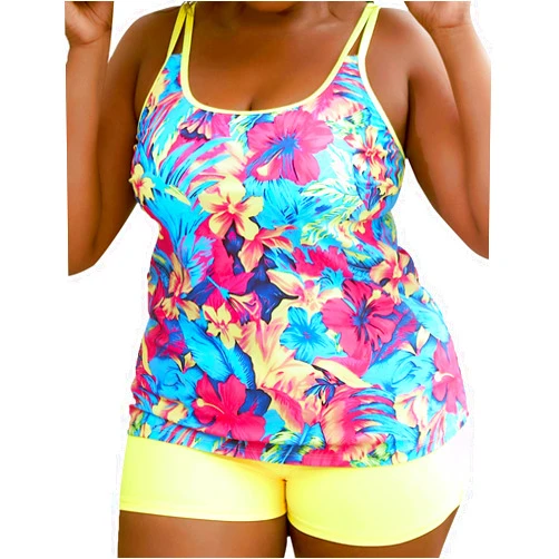 GirlsUpto Plus Size Tankini Swimsuits for Women Tummy Control High Waisted Bathing Suits Swim Shorts Floral Two Piece Swimwear
