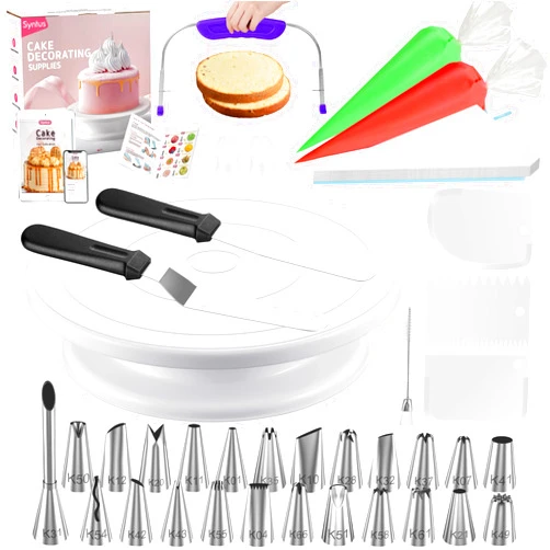 Syntus 65 PCs Cake Decorating Kit with Cake Stand Turntable, Cake Baking Supplies 30+1 Piping Bags, 24 Piping Tips, Offset & Straight Spatulas, 3 Scrapers, Leveler, 2 Couplers & 1 Tips Brush