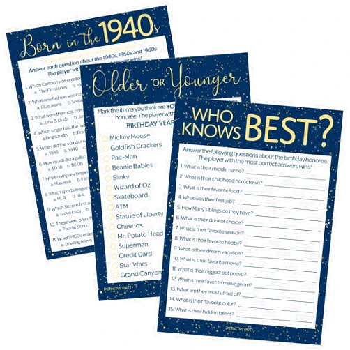 DISTINCTIVS Navy Blue and Gold 80th Birthday Game Bundle - Set of 3 Birthday Party Games for 20 Guests, Born in The 1940s Theme