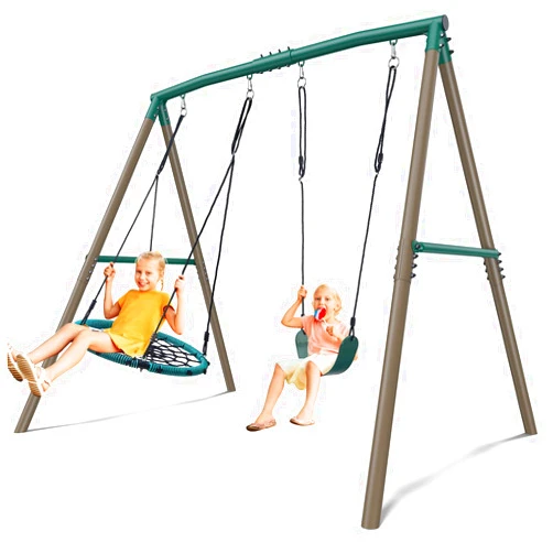 Hapfan 7.5ft Swing Sets for Backyard, 500lbs Heavy Duty Swing Set Outdoor for Kids and Adults with Spider Swing and Belt Swing (Green and Brown)