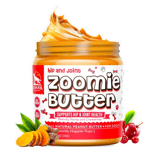 Zoomie Butter Hip & Joint Dog Peanut Butter Spread Supplement, All Natural Dog Treat. Human Grade & Safe Anti Inflammatory Puppy Food, Peanuts & Turmeric for Pain, Stiffness, Grown & Made in USA