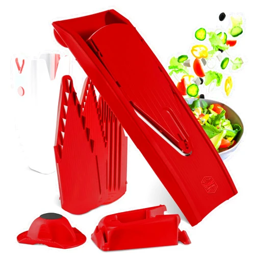 Börner Mandoline Slicer V1 (Professional Set) • V-Slicer with 4 Inserts, Fruit Holder, Docking Station, Box • Adjustable Vegetable Slicer • Cuts into Slices, Strips & Dices • Color: Red