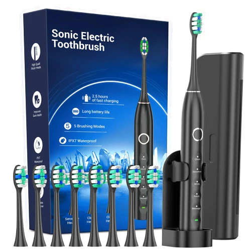 Rtauys S5 Upgraded Sonic Electric Toothbrush for Adults and Kids Ages 12+ with 8 Brush Heads, IPX7 Travel Toothbrush with Case, 2.5 Hours Charge for 120 Days, 5 Modes with Built-in Smart Timer Black