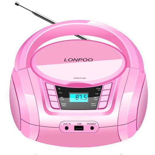 LONPOO Portable Boombox - CD Player, Bluetooth, USB, MP3, AUX, FM Radio, Portable, Built-in Stereo Speakers, Carrying Handle, LCD Display, Pink