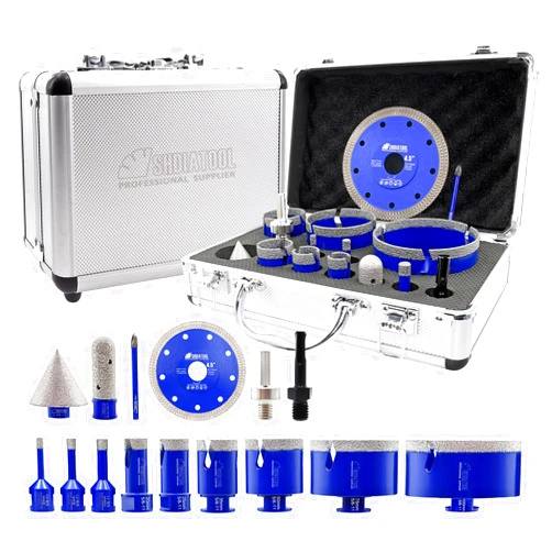 SHDIATOOL Diamond Tile Drill Bits Kit 15pcs, Porcelain Hole Saw Sets, Core Bits Cutter for Drilling Ceramic Marble Granite (6/8/10/20/25/35/50/75/100/20MM/2/SDS/HEX/6MM/4.5”)