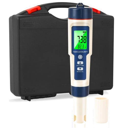 Tawiliysy PH Meter & TDS Meter, 5 in 1 Salinity PH Temp EC and TDS Tester, 0.01 High Accuracy Digital Display, LCD Backlit, ATC, IP67, for Swimming Pool, Drinking Water, Hydroponics and Aquarium