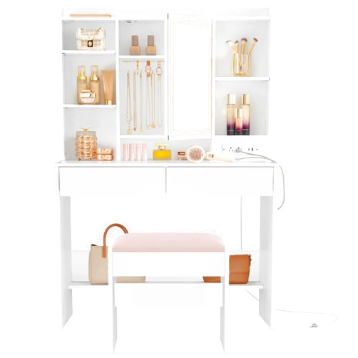 VASAGLE Vanity Desk with Power Outlets, Makeup Vanity with Mirror and Lights, Upholstered Vanity Stool, Dimmable LED Lights, 6 Compartments, 2 Drawers, for Bedroom, Cloud White URDT031W01