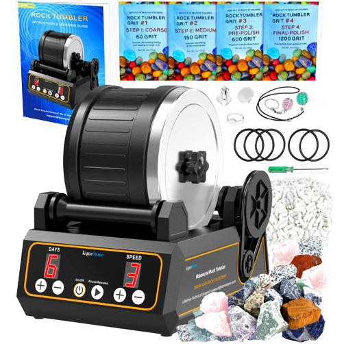 KomeStone Rock Tumbler Kit, K1 Professional Large 2.5LB Capacity Edition - Memory Function, Digital Timer & Variable Speeds: Create Stunning Gems Full Accessories Included