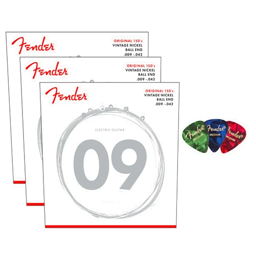 Fender Original 150 Pure Nickel Electric Guitar Strings Wound, Ball End - Light .009-.042 3-Pack Bundle with 3-Pack Picks