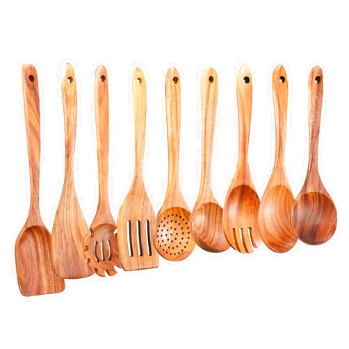Gudamaye Wooden Kitchen Utensils Set,GUDAMAYE 9 PCE Natural Teak Wooden Spoons For Non-stick Pan for Cooking,