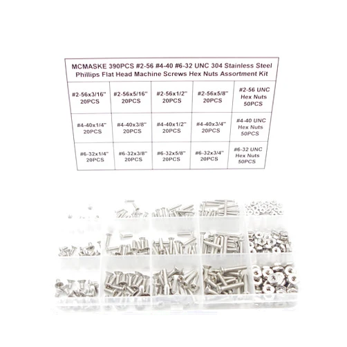 MCMASKE 390PCS #2-56#4-40#6-32 UNC Stainless Steel Phillips Flat Head Machine Screws Hex Nuts Assortment Kit