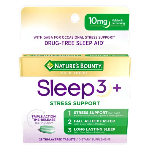Nature's Bounty Stress Support Melatonin by Nature's Bounty, Sleep3 Maximum Strength 100% Drug Free Sleep Aid, Dietary Supplement with Ashwagandha, Time Release Technology, 10mg, 28 Tri-Layered Tablets