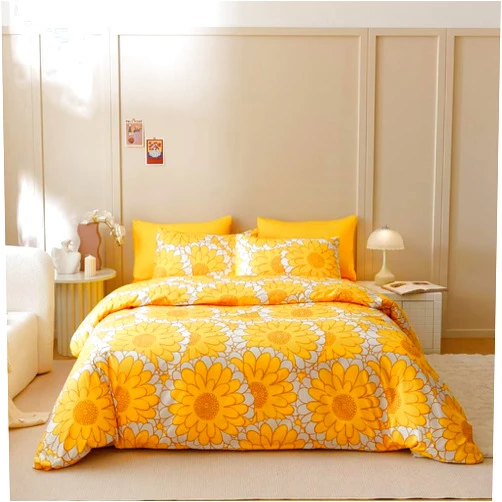 CLOTHKNOW Yellow Sunflower Duvet Cover Sets Queen 3Pcs Yellow White Floral Bedding Sets Queen Yellow Flower Bedding Yellow Botanical Comforter Cover Sets Queen