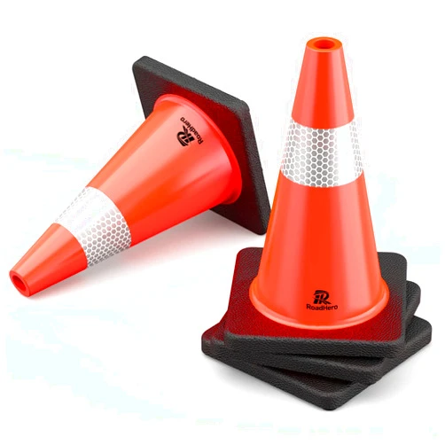 RoadHero 4 Pack Traffic Safety Cones 18 Inch with Black Weighted Base, Plastic PVC Cone, Orange Cones with Reflective Collar, Cones for Parking Lot, Construction Events, Road Safety