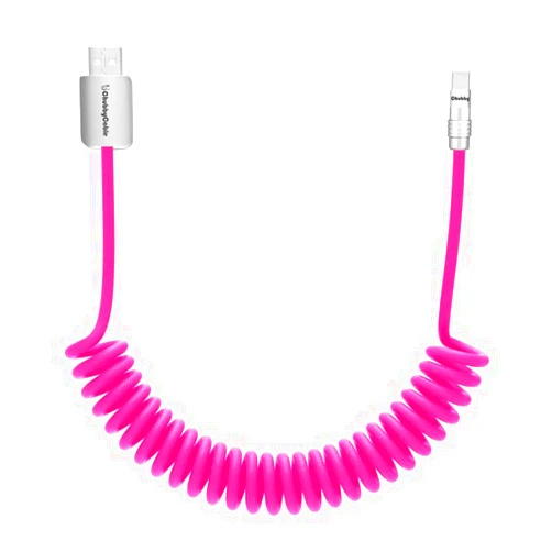 chubbycable Curly Chubby - Retractable Fast Charging Cable 240W Coiled Charger Cord for Car Durable USB-C Cable for Phones, Tablets and More, Pink, USB-A to Type-C, 1.3FT-2.3FT
