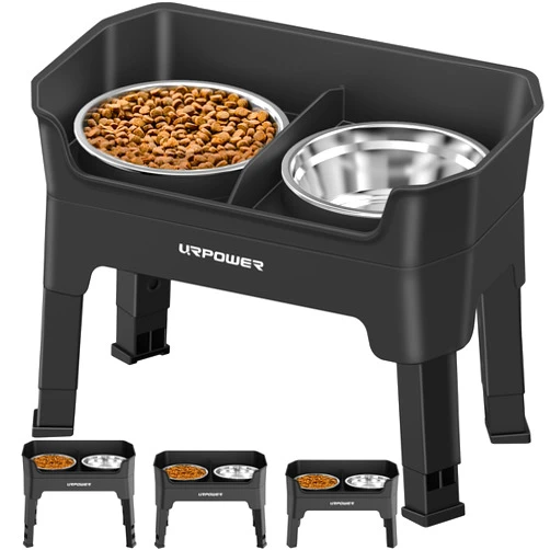 URPOWER 3-in-1 Elevated Dog Bowls - Mess Proof Double Deck 4 Height Adjustable Raised Stand with 2 Stainless Steel Food Bowls & Licking Plate for Small, Medium & Large Dogs