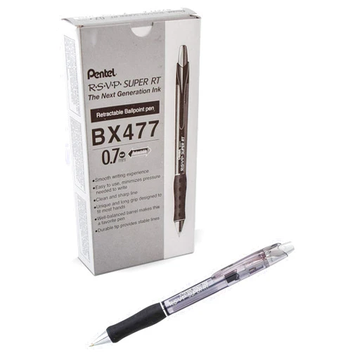 Pentel RSVP Super RT Ballpoint Pen, (0.7mm) Fine Line, Black Ink, Box of 12 (BX477-A)