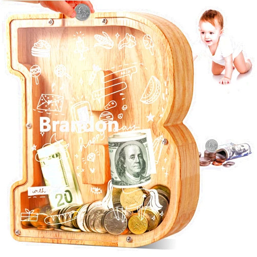 UBeesize Large Piggy Banks Twenty-Six English Alphabet Letter for Boys Girls, Wooden Personalized Bills and Coins Bank Money Box,DIY Name Birthday Gift,Bedroom Living Room Decoration(B)