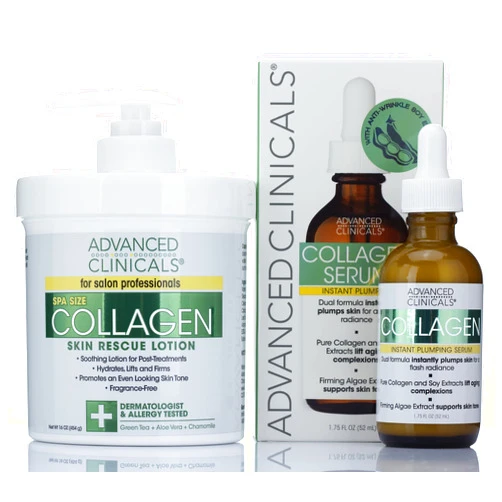 Advanced Clinicals Collagen Cream + Collagen Serum 2PC Set Bundle | Face Serum & Body Cream Moisturizer Lotion Plumping Skin Care Set & Kits For Wrinkles, Uneven Skin Tone, & Dry Skin, Fragrance Free