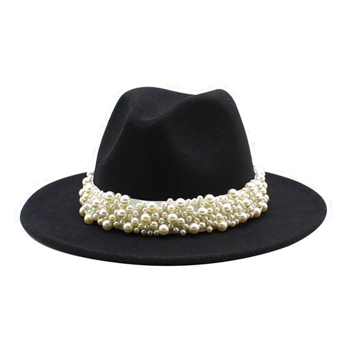 Qkrlamx Black Fedora Hats for Women Wool Panama Hat with Pearl Band Wide Brim Felt Hat Classic Trilby Hat