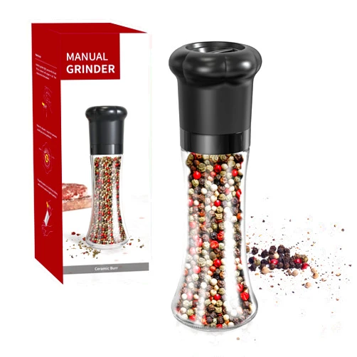 QONYFONE Salt and Pepper Grinder Set, Stainless Steel Pepper Mill Salt Grinder with Adjustable Coarseness, Glass Salt Pepper Shakers Refillable Set, Gift Package (7 OZ/White&Black)