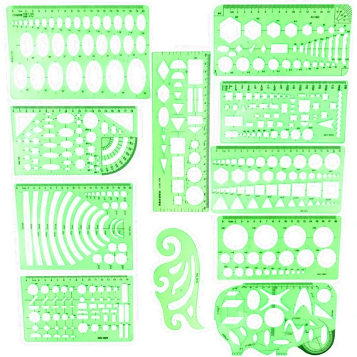 BetyBedy 11PCS Geometric Drawings Templates, Drafting Stencils Measuring Tools, BetyBedy Plastic Clear Green Ruler Shapes with a Zipper Bags for Architecture, Office, Studying, Designing and Building