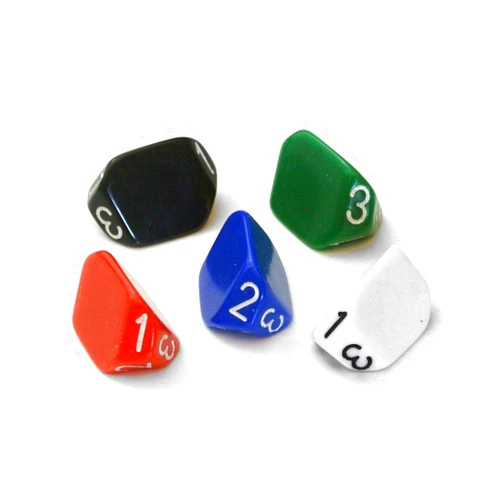 The Dice Lab Set of 5 Unique 3-Sided (d3) Dice in Red, Blue, Green, Black, White