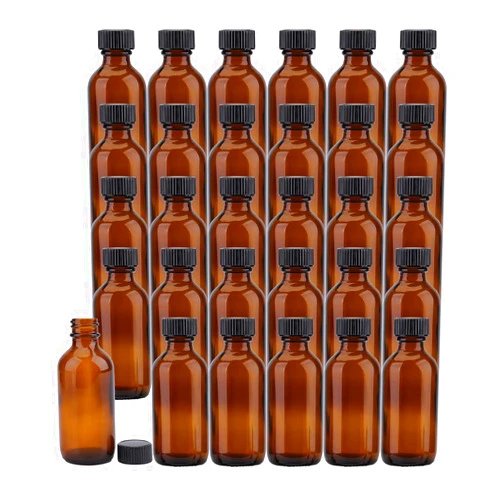 Bekith 30 Pack 2 oz Boston Round Glass Bottle with Black Caps, Amber