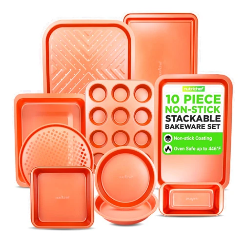 NutriChef 10-Piece Oven Baking Pans Set - Deluxe Carbon Steel Bakeware Set with Non-stick Gray Coating Inside and Out, Dishwasher Safe & PFOA, PFOS, PTFE Free