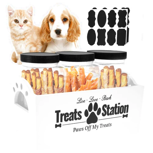 KarHoeGern Dog Treat Container for Countertop Dog Food Storage with 3 Plastic Treat Jars Wood Dog Food Container with Handles and Lids Farmhouse Practical Pet Cat Dog Treat Storage Containers (white)