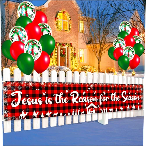 Ushinemi 25pcs Jesus is The Reason for The Season Banner, Nativity Sign for Christmas with Balloons, Red Buffalo Plaid Xmas Decorations Indoor Outdoor