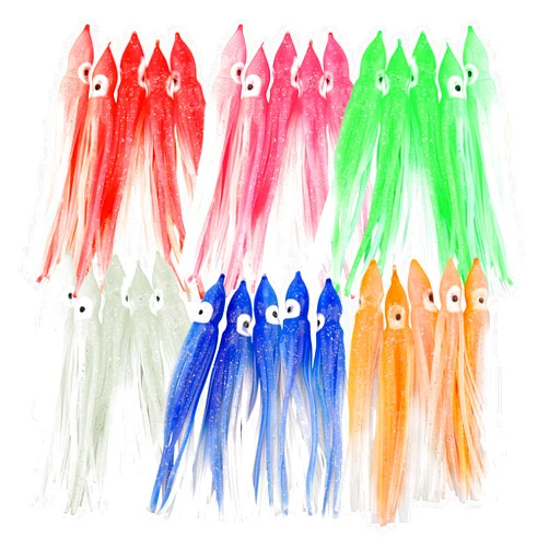 OriGlam 30pcs Luminous Squid Fishing Lures, Glow Octopus Skirts Squid Skirts Trolling Lures, Trolling Saltwater Baits Soft Fishing Lure for Bass Salmon Trout