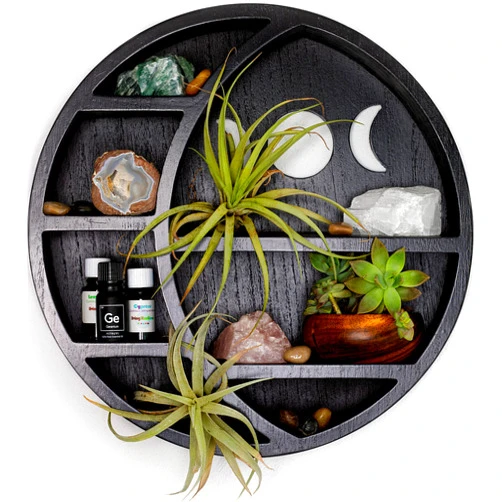 Onyx Haus Crescent Moon Shelf for Crystals Stone, Essential Oil, Small Plant and Art - Wall, Room, Gothic Witchy Decor Phase Rustic Boho Shelfs Wooden Hanging Floating Shelves Black