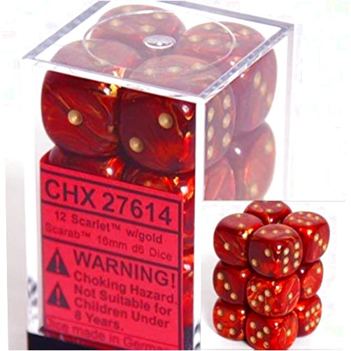 Chessex Dice D6 Sets: Scarab Scarlet with Gold - 16Mm Six Sided Die (12) Block of Dice, Red
