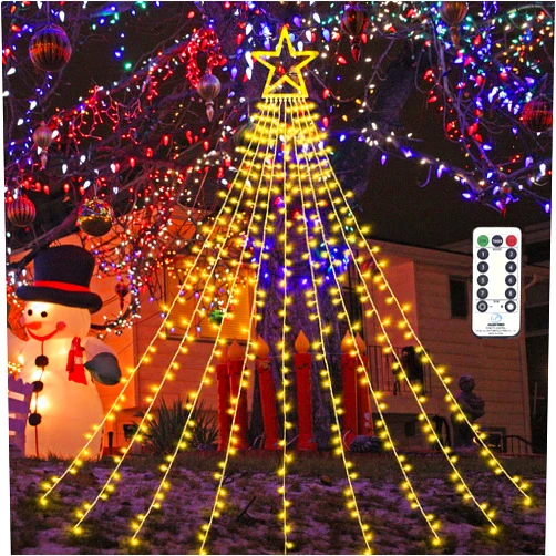 Gogsic Christmas Decoration Outdoor Star String Lights with Remote, 317 LED Star Christmas Tree Lights 8 Lighting Modes&Timer for Christmas Halloween Wedding Party (Warm White)