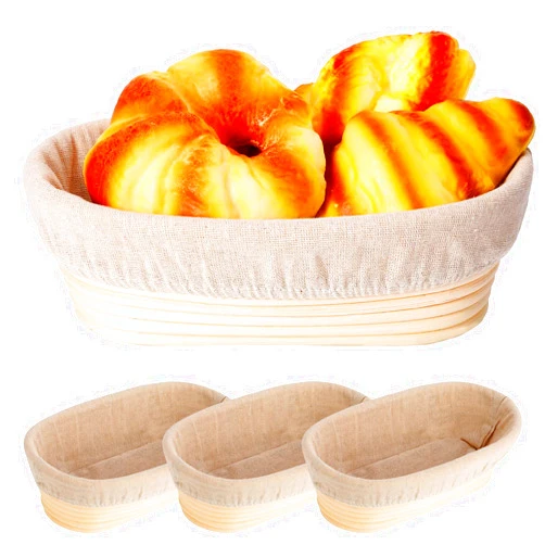 Nuogo 4 Pieces 10 Inch Bread Banneton Proofing Basket Oval Shape Bread Proofing Basket Rattan Oval Banneton Dough Proofing Bowls with Liners and Scatters for Home Sourdough Baking