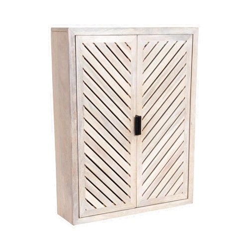 Kate and Laurel Mezzeta Decorative Coastal Two-Door Floating Bathroom Cabinet, 22 x 7 x 28, Whitewash, Decorative Over Toilet Storage Cabinet Made from Solid Mango Wood with Slatted Chevron Design