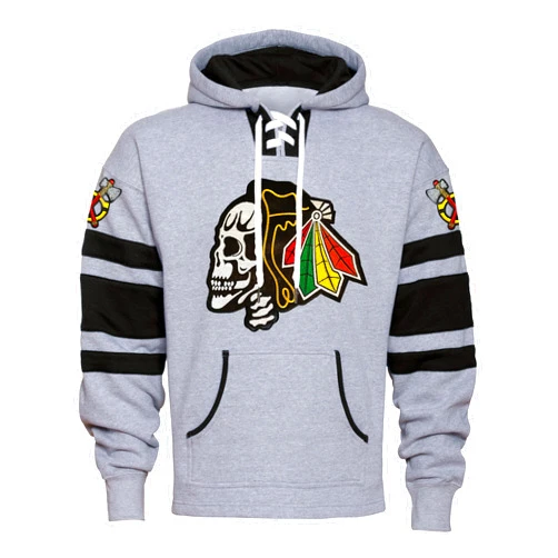 Sweetlysynnd Fear The Feathers Skull Game Day Chicago Hockey Hoodie Grey Black (Large)