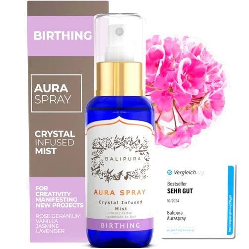 BALIPURA Birthing Crystal Aura Spray - Sage, Jasmine & Vanilla Essential Oil Blend - Quartz and Amethyst Gemstones - Astra Aromatherapy Mist for Stress Relief, Deep Pillow and Lavender Sleep Spray