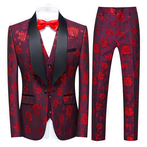 Rogers & Morris Tuxedo Suits for Men 3 Piece Regular Fit Suit Floral Pattern Blazer Jacket Waistcoat Pants Men Suit Set for Wedding
