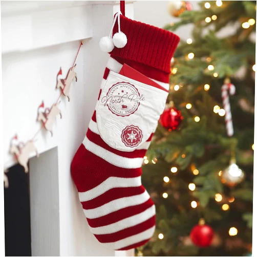 Ginger Ray MRY-152 nitted Christmas Stocking with Pocket, Red