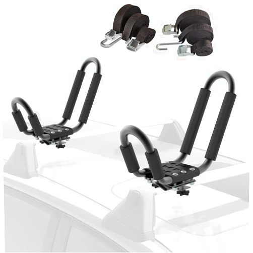 OxGord Kayak Roof Rack - J-Bar Hooks Canoe, Surf-Board & Kayaks Carrier - Universal Fit for SUP Roof-top Rack Mount on SUV, Cars, Truck, Car Cross-bar with Tie Down Straps & Accessories