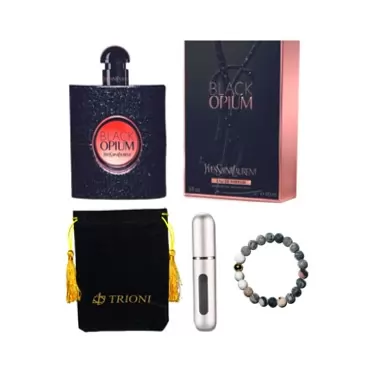 TRIONI Perfume Trioni Gift Set includes YSL Black Opium Perfume For Women, 3 Ounce EDP Spray, Mini Refillable Perfume Atomizer Refillable Perfume Spray, Lava Stone Rock Bead Elastic Natural Stones Diffuser Bracelets Along With Velvet Drawstring Pouch EDP 3 Fl Oz