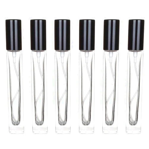 XUMIN 6PCS 10ml/0.34oz Empty Clear Glass Spray Perfume Bottle Jars Vials Dispenser Sample Packing Storage Container with Black Cap for Essential Oil Perfume (Square)